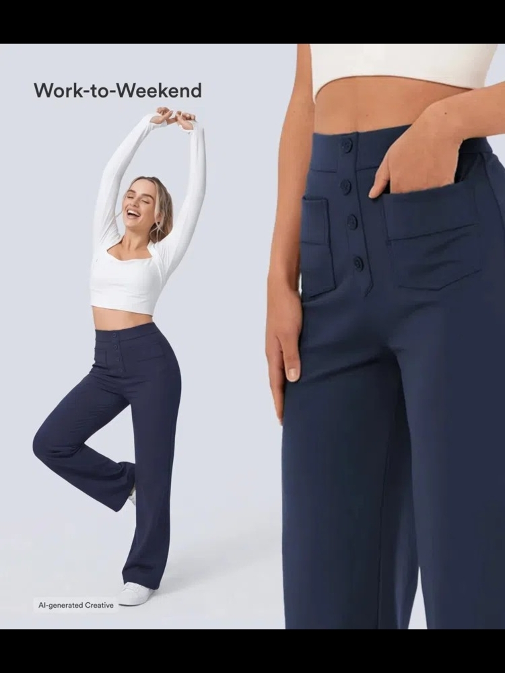 NEW HALARA Navy Wide-Leg High-Rise Pants with Button Front Womens SMALL Petite